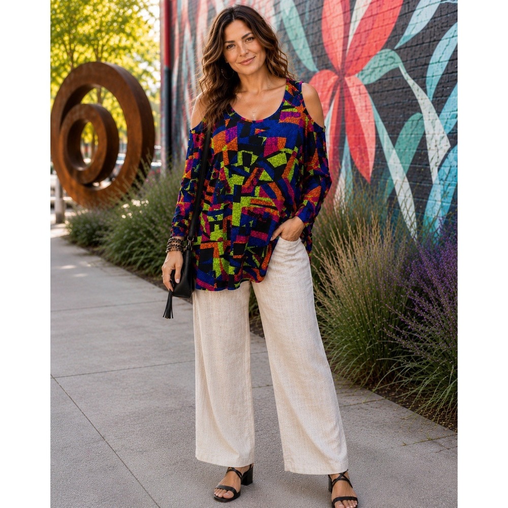 New Attitudes by Renee Size L Cold Shoulder Top Blouse Abstract Print Artsy EE34